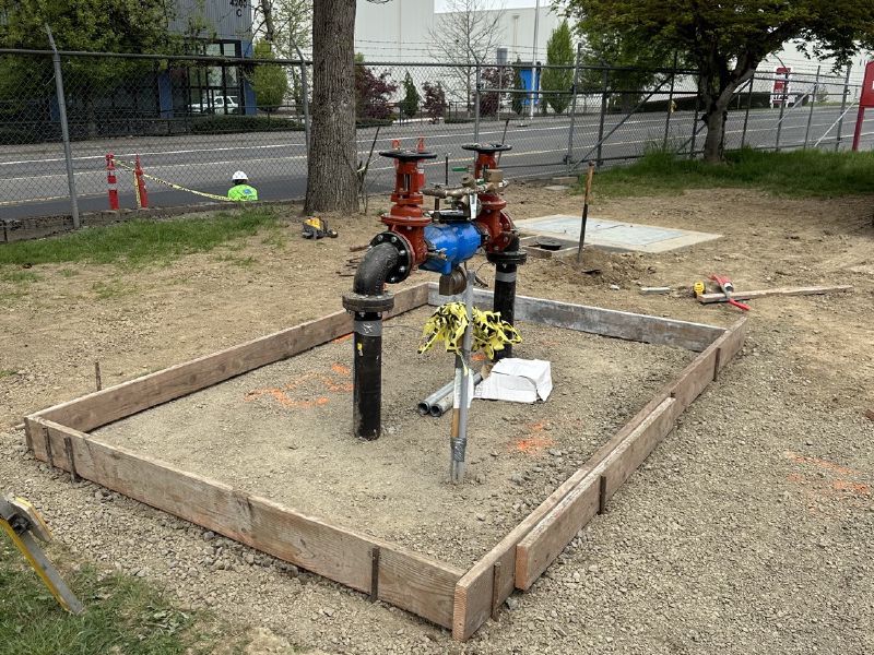 Water service backflow assembly, formed for concrete